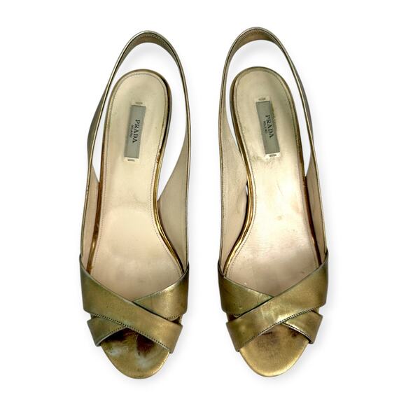 PRADA | US 8.5 / IT 38.5 | Metallic Gold Leather Peep-Toe Slingback Pumps - Picture 9 of 10